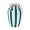 9.5" White & Teal Stripes Round Wide Ceramic Vase
